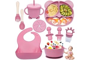 Dazhtu - Juego de 10 piezas para beber y comer, silicona, plato ventoso, babero, tenedores, para destetar (rosa)