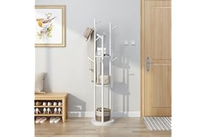 KungFuWood Appendiabiti da Ingresso Indipendente, Appendiabiti da Terra Legno Albero con 3 Ripiani e 9 Ganci, Robusto e Facile da Montare Appendiabiti da Terra Bianco, Adatto per Corridoi (Bianco)