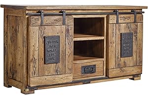 ‎MASSIVMOEBEL24.DE MASSIVMOEBEL24.DE | Railway massives Sideboard - Natur lackiert | Mangoholz | 2 Türen - 1 Schublade | 128x45x70 | Used-Look | Kommode Tv-Sideboard Wohnzimmer-Schrank
