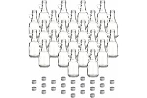 gouveo Lot de 24 bouteilles en verre de 40 ml avec anse et bouchon à vis Argenté – Mini bouteille à anse 0,04 l à remplir – Bouteilles en verre pour liqueur, liqueur, huile ou bricolage