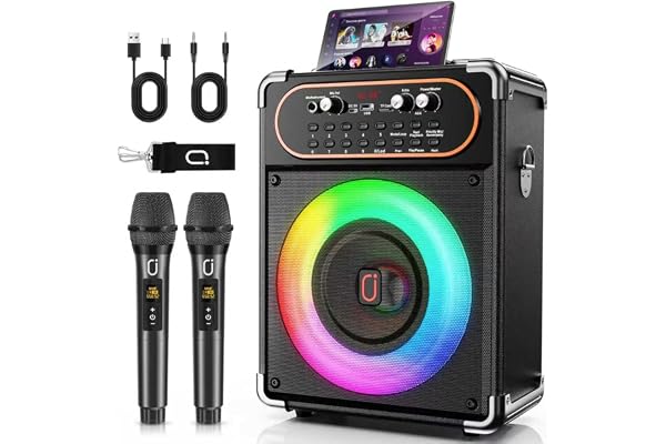 HWWR Machine Karaoke avec 2 Micros sans Fil, Kit Karaoke Complet Portable avec Lumières LED pour Karaoke Adulte, Système PA Machine Karaoke Prend en Charge TWS/USB/Carte TF/AUX