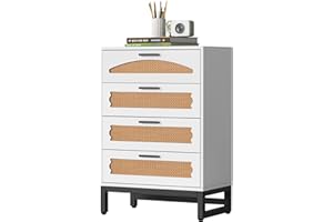 Mericonia 4 Drawers Rattan Dresser, Natural Rattan Closet Dresser with 4 Drawers, Bedroom Storage Organizer with Sturdy Handles and Legs，for Bedroom, Living Room, Hallway, Entryway, White