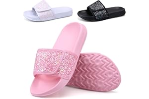 ydscsci Girls Slide Sandals Glitter Sequins Pool Sliders Kids Shower Slippers Beach Flip Flops Hook and Loop Non-slip Thick sole Little Kid