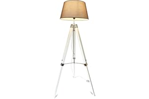 mojoliving® Stehlampe für das Wohnzimmer Schlafzimmer mit Stativ aus Holz Höhenverstellbar - Deko Stehleuchte Lampe Dreibein Schirm Braun, Stativ Weiss
