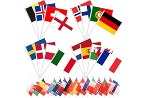 AhfuLife Petit 16 Pays Bannière Drapeaux Europe avec Mât Blanc de 30cm, Petit Drapeaux du Monde pour Jardin, Bar, Club, Decor Eurovision Jardin, Bar Decoration