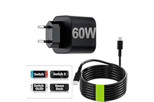 Tolesum Zasilacz sieciowy do konsoli Switch 2/OLED/Lite, przełącznik ładowarki 1,5 m uchwyt do stacji dokującej TV, Steam Deck Dock i kontroler Switch Pro, szybka 60 W USB typu C, wtyczka EU