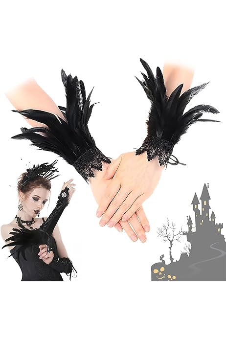 Polsini Piume Gotici Neri - 1 Paio Per Costumi Halloween, Cosplay E Feste | Accessorio Con Piume - Foto 4