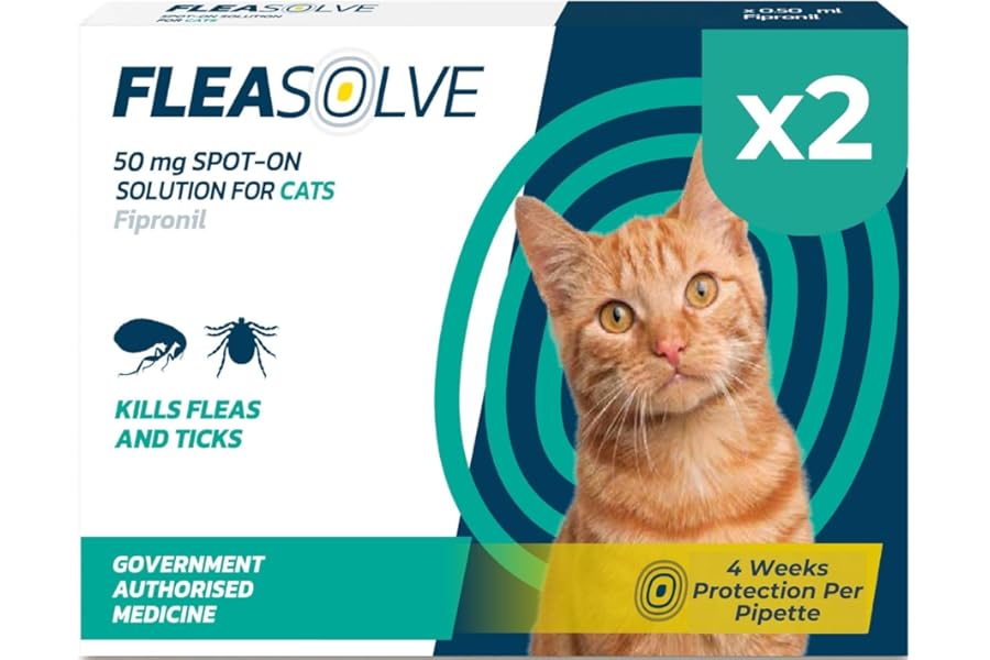 Cat Flea Treatment Spot On x 2 Pack - Flea Treatment Cat Spot On for Cats & Kittens Over 1kg - Fast-Acting FleaSolve Solution x 2 Pipettes