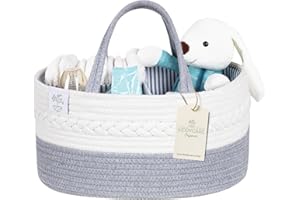 KiddyCare Woven Diaper Nappy Caddy Basket with Handle Lid | Diaper Caddy Basket with Dividers for Baby Boy/Girl, Diaper Tote Bag for Bady Storage for Car | Baby Nursery Canvas Caddy | Gray Regular