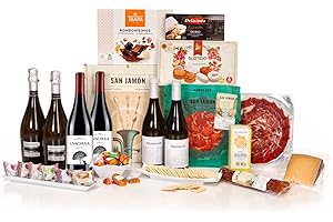 San Jamón - Iberian Gourmet Gift Hamper. Iberian Ham, Lomo and Chorizo, Manchego Cheese, Nougat, Crackers, Bonbons, Biscuits and Wine