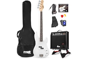 MAX GigKit Full‑Size White Electric Bass Guitar Starter Pack - 4‑String Bass Guitar with 15-40 W Amp, Gig Bag, Strap, Cable, Picks & Extras – Ideal Beginner Student Kit with 6 months Lessons