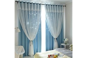 ‎FREYAMY Freyamy Gardinen Mädchen Blau Schlaufenschal 2er Set Glänzend Sterne Spitze Vorhänge mit Ösen,Blickdicht Vorhang für Kinderzimmer Schlafzimmer Wohnzimmer Verdunkelungsvorhang 240 X 132 cm (HxB)