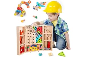 YGJT Kids Tool Set Toddlers Wooden Montessori Toys for 2 3 4 5 Years Old, Construction Toys Wooden Tools Box, 65 PCS Tools Kit Pretend Play Toy, Educational Motor Skill Toys, Gifts for Boys Girls Aged 2+