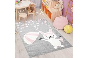 CARPET CITY Dywan dziecięcy Bubble Kids z płaskim włosiem z uroczymi zajączkami i serduszkami w kolorze szarym, różowym, do pokoju dziecięcego, rozmiar 80/150 cm