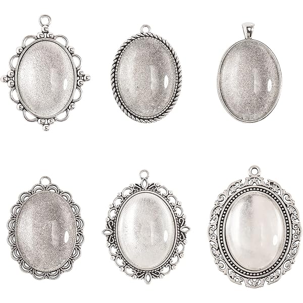 Kit De Montage Pour Pendentif Ovale Tibétain - 5 Cadres Noirs + 5 Cabochons Verre 40x30 Mm - Pour Bijoux Photo, Résine, Mariage