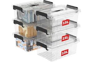 Cetomo 15L*6 Storage Boxes, Carry Plastic Storage Box with Lids, Organizing Container with Handle and Secure Latching Buckles, Stackable, Nestable, Tote Bin for Home Office Clothes, 15L-6Pack, Clear