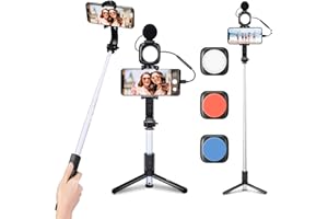 OMBAR Tripode para Movil, Palo Selfie Tripode, Vlogging Kit, Extensible a 33 Pulgadas(89CM) con Micrófono, Control Remoto Bluetooth, 3 Modos de Luz Relleno para Tiktok, Youtube, Live Streaming y Cámara