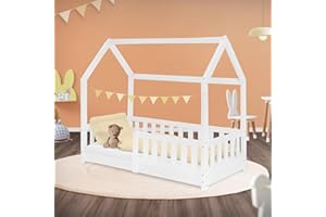 ML DESIGN MODERN LIVING ML-Design Lit Cabane Enfant 70x140 cm Blanc en Bois Massif avec Protection Contre la Chute, Toit et Sommier à Lattes, Style Maison, Couchage Maisonnette Barrière de Sécurité pour Fille Garçon