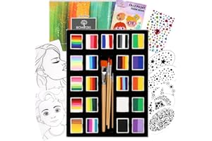 Bowitzki 21 Color Split Cake Face Paint Set Professional Face Painting Kit Kids Adults 10g One Stroke Stencil Brush Practice Board Guide Book Non Toxic Rainbow Body Makeup Halloween Christmas Easter