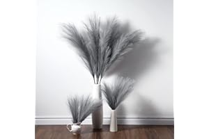 LinTimes 4 PCs Large Artificial Pampas Grass, 4× 43 Inch Gray Fake Pampas Grass Soft Fluffy Dried Flowers Decor for Tall Floor Vases Decoration Rustic Wedding Arrangement Boho Home Decor