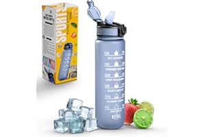 Roe Tenpo Sports Water Bottle with Straw and Time Marking, and 32OZ Capacity - Motivational and Eco-Friendly BPA-Free Bottle for Running, Gym, Yoga, Outdoors, and Camping (Style-1, Grey)