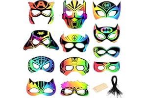 MONCAP 24 pz Maschere di Supereroi Maschere Bambini Scratch Art Maschere Supereroi Maschere da Grattare con Pennino in Legno per Feste Bambini Scolastica Attività Travestimento Compleanno Regalo