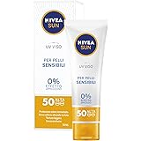 NIVEA SUN UV Viso Crema Solare per Pelli Sensibili FP50 da 50 ml, Crema viso con 0% effetto appiccicoso, Crema idratante e pr