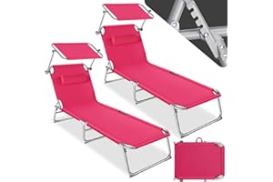 tectake® Set de 2 Chaise Longue Pliante Bain de Soleil Jardin Exterieur avec Pare Soleil & Appuie-tête Chaise Longue inclinable Transat de Plage Relax Jardin Camping Salon de Jardin Exterieur - Rose