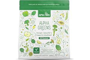 Super Greens Polvere | 600 g | Superalimenti Verdi con Vitamine del gruppo B, Vitamina D3, Spirulina, Curcuma, Wheatgrass Powder, Moringa | Frullato Multivitaminico e Minerali | Vegan | Alpha Foods