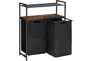 HOOBRO Laundry Basket with Shelf, Laundry Hamper 2 Compartments, Laundry Sorter 99 L, with 2 Pull-Out and Removable Bags, 2 Shelves, for Bathroom, Rustic Brown and Black EBF73XY01