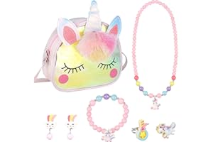 Bestomrogh Unicorn Crossbody Bag Purse with Jewelry Set, Little Girls Unicorn Rings Bracelets Necklaces Princess Dress Up Accessories Jewelry Party Favors Gift