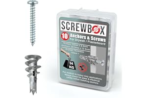 SCREWBOX® Drywall Fixings Anchor and Screws - 10-Piece Set for Heavy duty plasterboard fixings, Metal Self Drilling Screws and Wall plugs set, Plasterboard Anchors for Stronger Grip & Lasting Quality