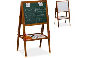 Relaxdays Lavagna per Bambini, Cavalletto, Lavagnetta Bianca Magnetica e Ardesia con Gessetti, 81-104x45x42 cm, Marrone, Legno