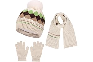 Baynetin 3 Piezas Punto Sombrero Bufanda Guantes, Térmico Pompón Beanie Gorro Cálido Grueso Polar Tejido Bufanda Guantes Set para Niños Niñas 2-8 Años Deportes al Aire Libre Regalos