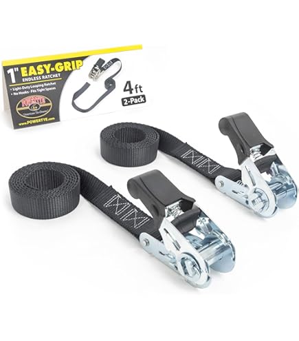 PowerTye 1in X 15ft Rubber Handle Ratchet Straps With 4in S- Hooks