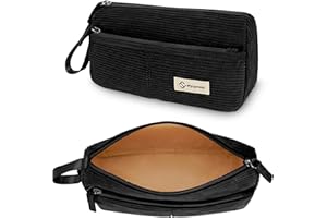 FINPAC Piórnik ze sztruksu, z paskiem na rękę, duża pojemność, piórnik szkolny, na przybory piśmiennicze, do szkoły, biura, czarny, Piórnik