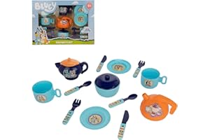 HTI Bluey Kunststoff-Tee-Set | Nachmittags-Tee Rollenspiel-Set | Bluey & Bingo Spielzeug | Mit wiederverwendbarer Teekanne, Tassen, Kessel, Besteck & Untertassen | Kinder-Rollenspiel-Set | Kinderküche Tee