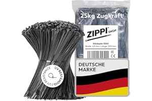 Kabelbinder 200mm Schwarz (1000 Stück) | 200mm x 4,8mm - 25kg Zugkraft | Kabelbinder uv beständig | Caple clips lang für Elektroinstallation & Kabelmanagement | Zip Ties/Cable Ties