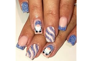 HERBINSOLS Square False Nails - 24PCS Christmas Nails - Christmas Fake Nails with Glue - Glitter Blue Stripes Snowman Design Press on Nails Short - Cute Full Cover Stick on Nail for Women Festival Decoration
