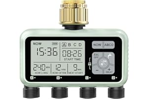Johgee Bewässerungscomputer 4 Ausgängen mit Messingeinlass, Digitaler Bewässerungsuhr mit Regenverzögerung, Automatische/Manuell Bewässerungssteuerung Wasserzeitschaltuhr für Garten Rasen