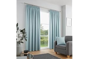 Fusion Strata Duck Egg Pencil Pleat Drapes W117 x L137cm – 2 Panels – 100% Cotton – Thermal & Soundproof Curtains – Blue Pleated Fabric for Bedroom/Living Room – Soft Textured Finish