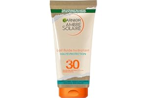 GARNIER Ambre Solaire - Lait Fluide Hydratant - Haute Protection Solaire - FPS 30 - Protège des UVA & UVB - Hydratation 24h - Résiste à L'Eau - Fini Invisible - Visage & Corps - 175 ml