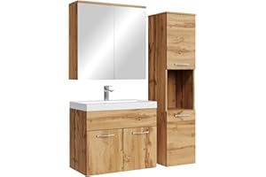 Badplaats Badmöbel Komplettset Montreal 60 x 35 cm Eiche - Badezimmermöbel mit Waschbecken, Spiegelschrank und Badezimmerschrank