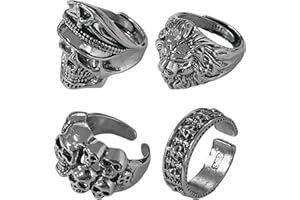 NYGGTYK Lot de 4 Bagues Style Rock, Punk et Vintage - Réglables en Métal, Personnalisées pour Homme, Accessoires, Métal