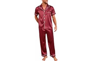 Jahetuul Pijama de Satén para Hombre Pijama Verano Hombre de Seda de Imitación con Bolsillo Conjunto de Pijama de Manga Corta y Pantalones Largos de Pijama con Botones