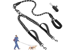 Blanlody Double Dog Lead for Walking 2 Dogs No Tangle, Reflective Bungee Split Lead with 360°Swivel Rotation,Two Padded Handles and Waste Bags for Walking and Traning