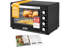 TZS First Austria - Mini-Four 45L 2000W - Four à pizza avec température jusqu'à 230°C et revêtement antiadhésif - Avec minuteur de 60 min, 4 hauteurs d'insertion, plaque, grille & tournebroche rotatif