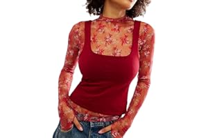 Caziffer Women's Lace Layering Top Long Sleeve Sheer Mesh Mock Neck Undershirt Y2K Lace Floral Tops See Through Shirt Blouse
