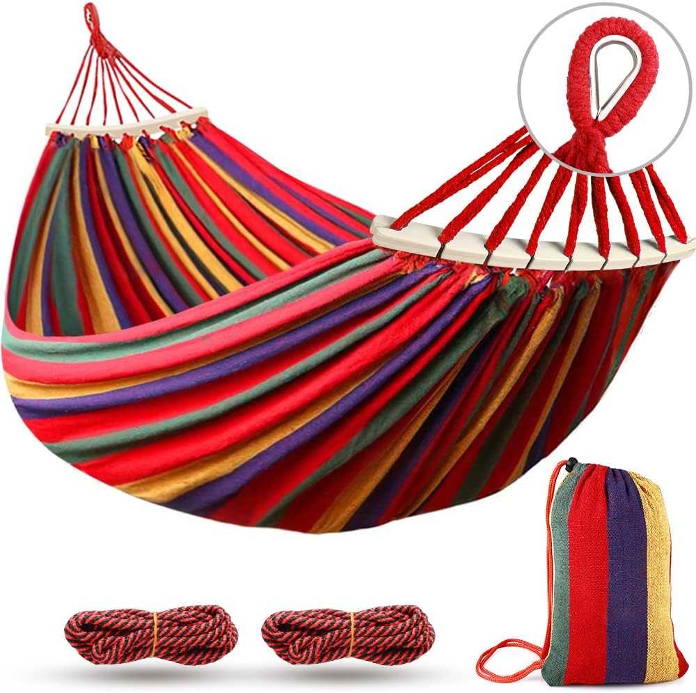Hamaca Colgante Tela con Travesaños de Madera, 275 x 155 cm Hamaca Jardin Exterior Hamaca Camping, Capacidad de Carga de 250 kg, Multicolor