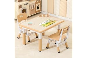 Kids Table and 2 Chairs Set, Height-Adjustable Toddler and Desk and Chair, Children Activity Graffiti Desktop for Classroom Daycare Home, 3-Piece Set Yellow Beige